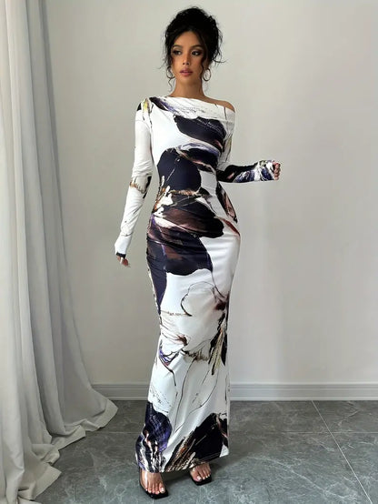 Dame Maxi Kjole - Langærmet - Off-Shoulder - Tætsiddende - Elegant Mønster