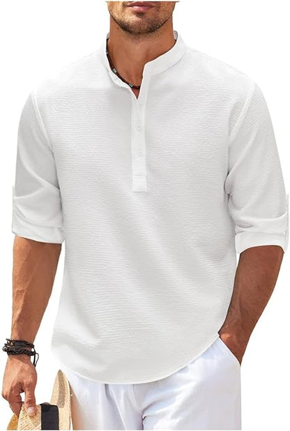 Men's Shirt – Relaxed Fit – Band Collar – Light Cotton – Button Closure