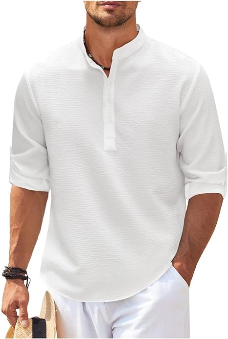 Men's Shirt – Relaxed Fit – Natural Fibres – Band Collar – Rolled Sleeves