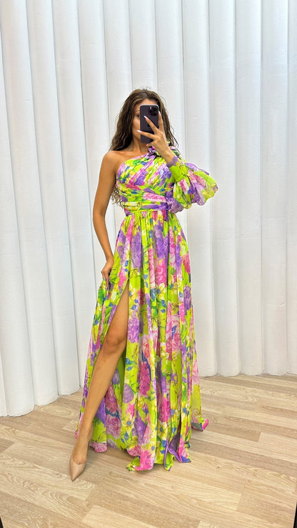 Dress for Women – Maxi Dress with Floral Print – One Shoulder – High Slit – Elegant Fit