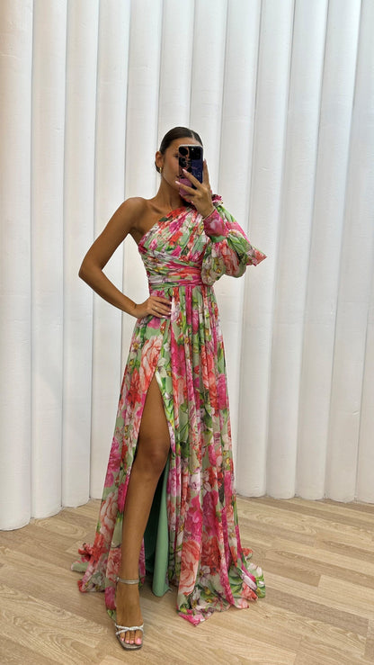 Dress for Women – Maxi Dress with Floral Print – One Shoulder – High Slit – Elegant Fit