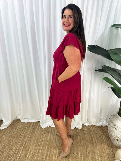 Women's Dress - V-neck - Button Closure - Adjustable Waist - Short Sleeves - Loose Fit