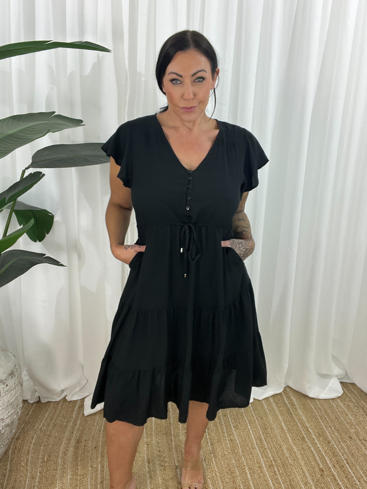 Women's Dress - V-neck - Button Closure - Adjustable Waist - Short Sleeves - Loose Fit