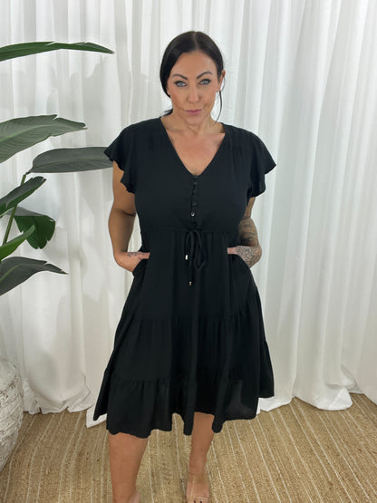 Women's Dress - V-neck - Button Closure - Adjustable Waist - Short Sleeves - Loose Fit