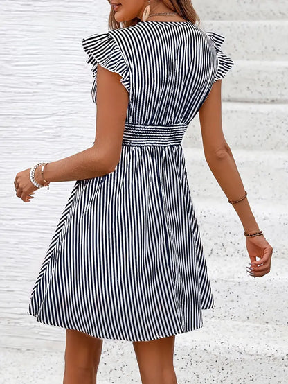 Women's Summer Dress - V-Neck - Ruffle Sleeves - Fitted Waist - Light and Breathable