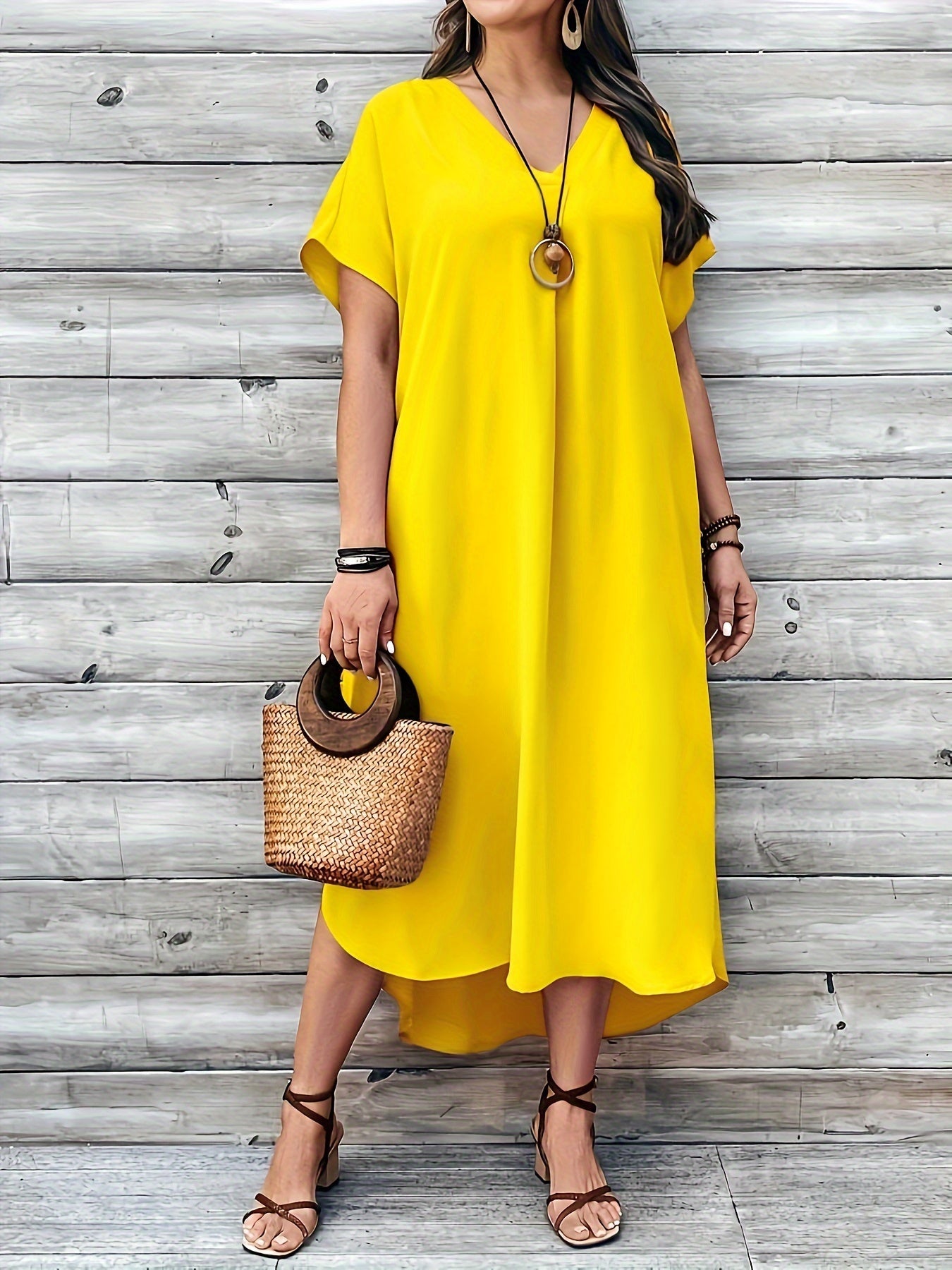 Women's Dress - Loose Fit - V-neck - Short Sleeves - Asymmetric Hem - Light and Airy