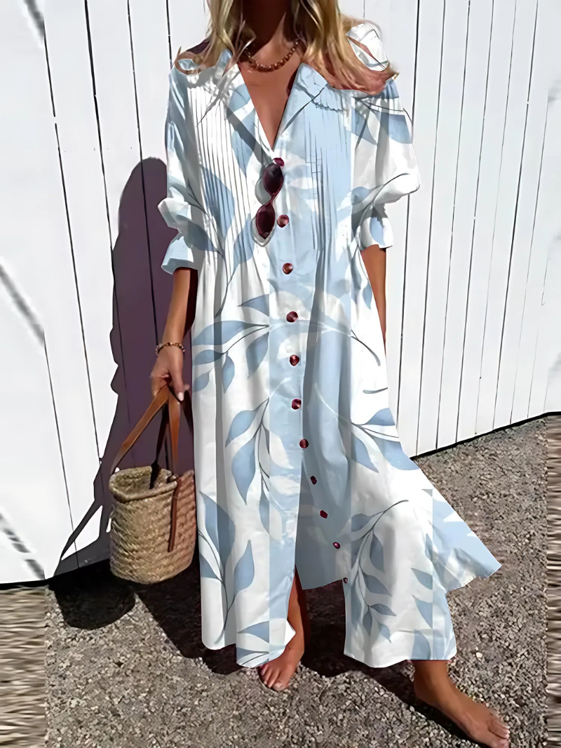 Women's Maxi Dress – Relaxed Fit – Lightweight and Breathable – Buttons – Leaf Print