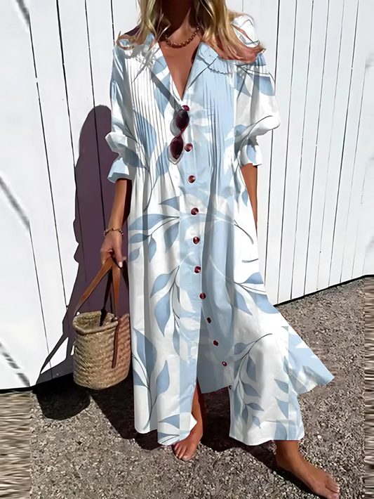Women's Maxi Dress – Relaxed Fit – Lightweight and Breathable – Buttons – Leaf Print