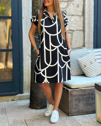 Women's Shirt Dress - Short-Sleeved - Geometric Pattern - Relaxed Fit