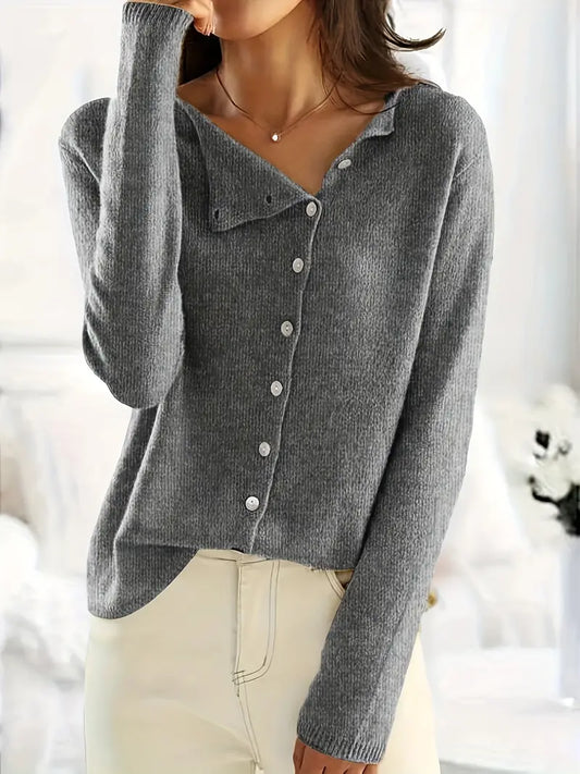 Dame Cardigan - Strikket V-Hals - Knaplukning - Langærmet Casual Lagdeling