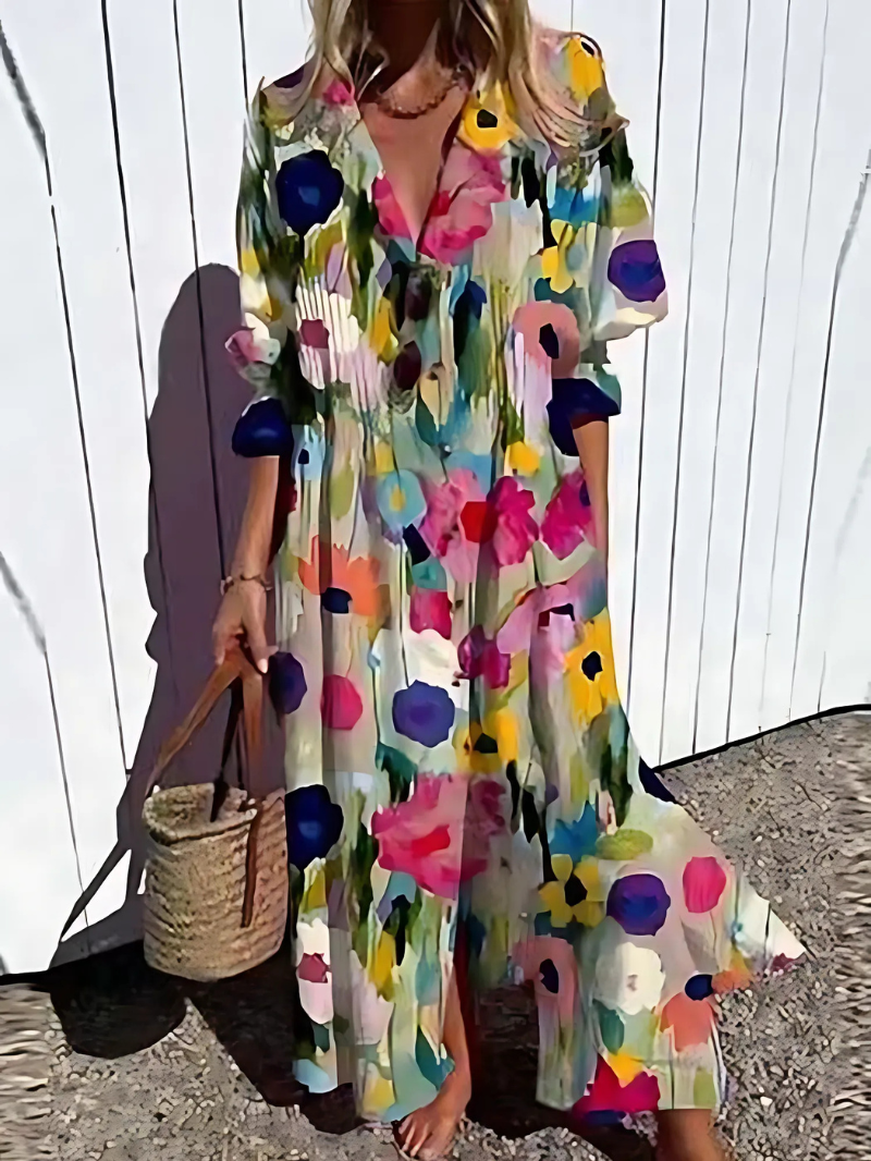 Women's Maxi Dress – Relaxed Fit – Lightweight and Breathable – Buttons – Leaf Print