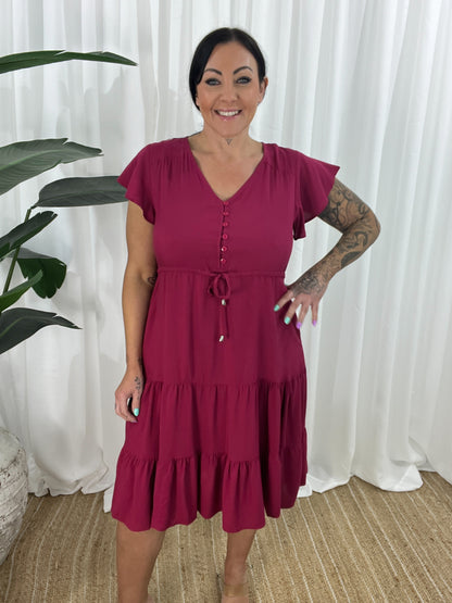 Women's Dress - V-neck - Button Closure - Adjustable Waist - Short Sleeves - Loose Fit