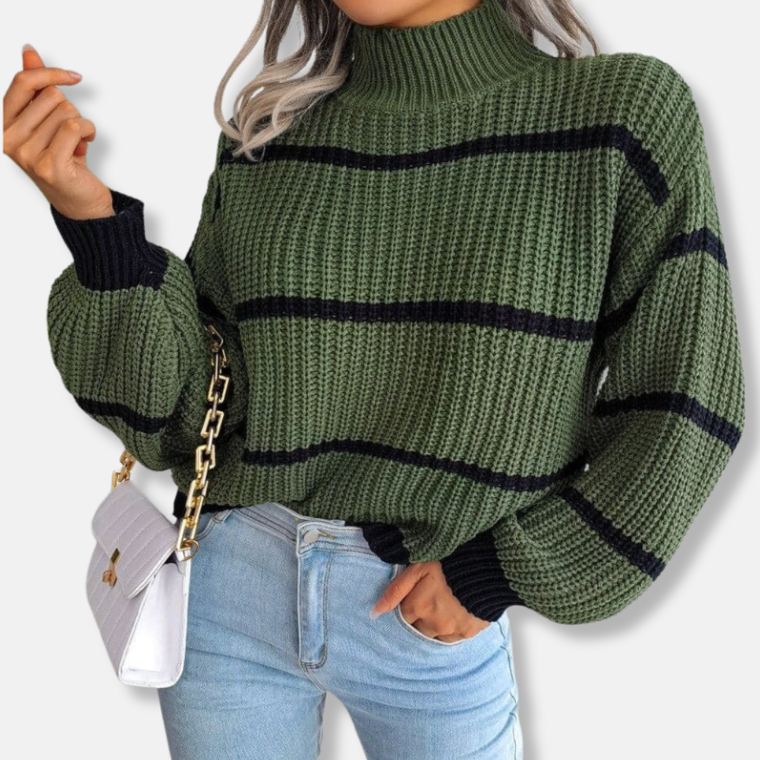 Women's Knit Sweater - Soft Ribbed Turtleneck - Relaxed Fit - Classic Stripes
