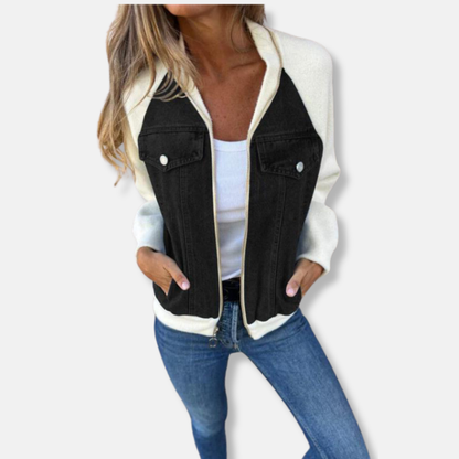 Women's Bomber Jacket – Relaxed Fit – Wool Look – Denim Details – Zipper Closure