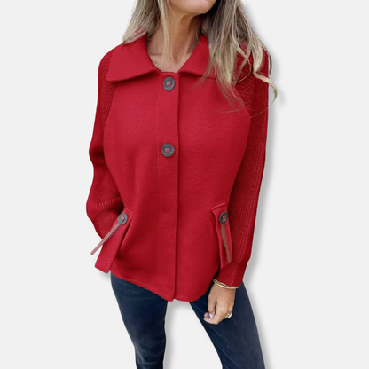 Women's Jacket – Relaxed Fit – Knitted Sleeves – Notched Collar – Button Closure