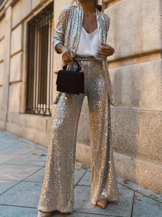 Isla Sequin Embellished Blazer Jacket and High-Waist Wide Leg Trousers Two-Piece Set | Relaxed Fit Open Front Jacket Party Trousers