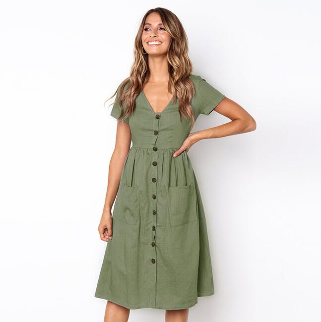 Women's Midi Dress – Relaxed Fit – Button Closure – Lightweight Breathable – Short Sleeve – Collar