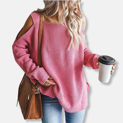 Women's sweater - Open shoulder knit - Loose fit - Ribbed texture