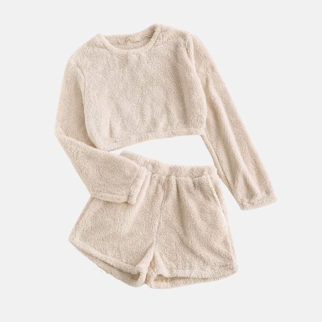 Women's Loungewear Set – Cropped Long-Sleeve Top – High-Waisted Shorts in Soft Fleece