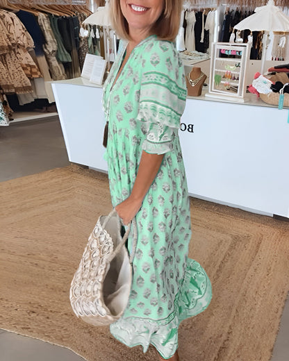 Maxi Dress for Women – V-Neck – Bohemian Floral – Airy Fit – Three-Quarter Sleeves
