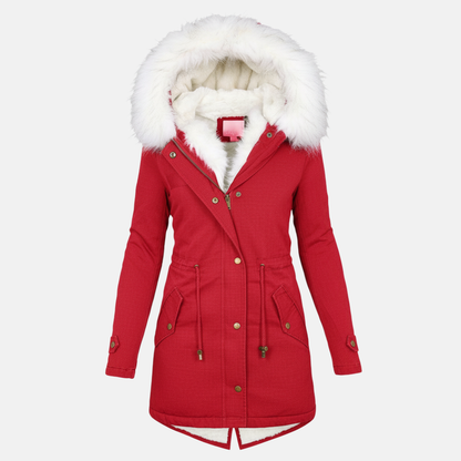 Women's Parka Jacket - Long Model - Water-Repellent - Faux Fur Hood - Adjustable Waist