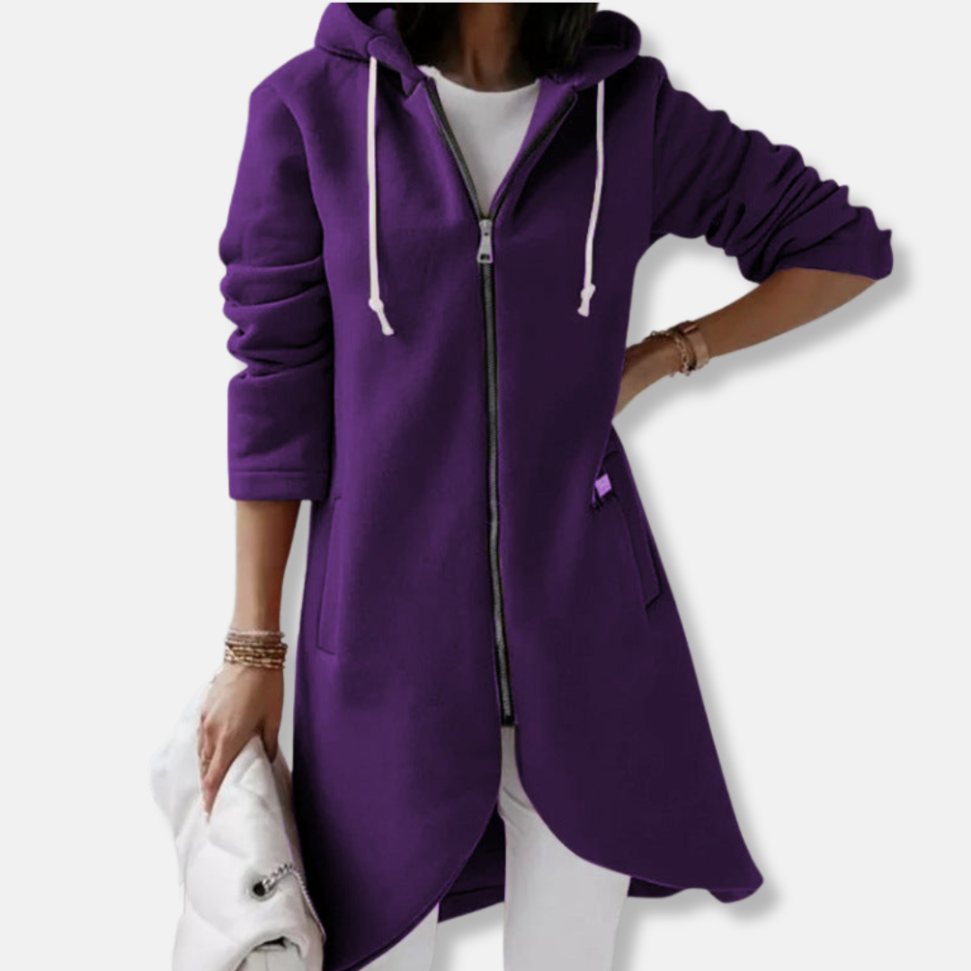 Women's Sweatshirt Jacket – Relaxed Fit – Drawstring Hood – Zipper – Mid-Length