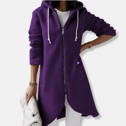 Women's Sweatshirt Jacket – Relaxed Fit – Drawstring Hood – Zipper – Mid-Length