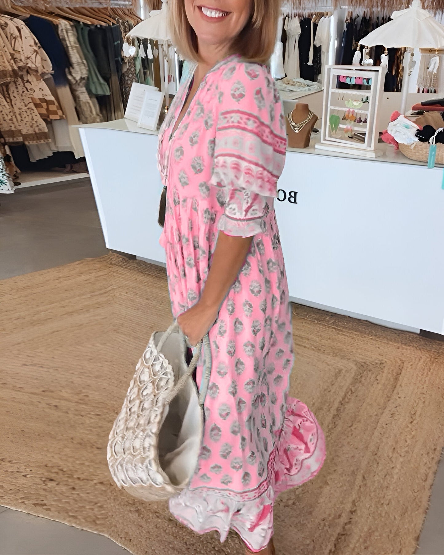 Maxi Dress for Women – V-Neck – Bohemian Floral – Airy Fit – Three-Quarter Sleeves