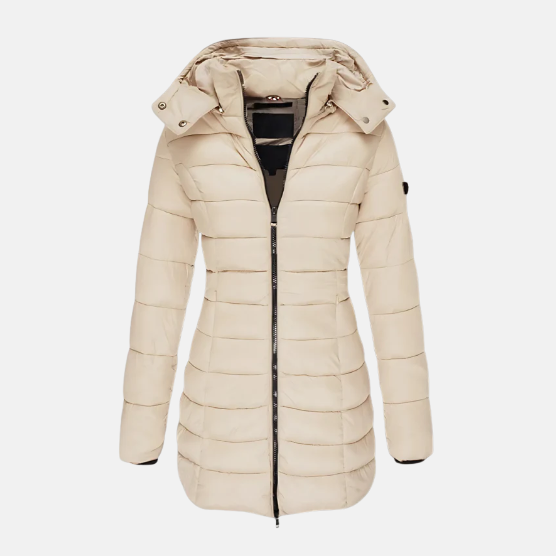 Women’s Puffer Coat - Slim Fit - Mid-Length - Hooded - Ribbed Cuffs