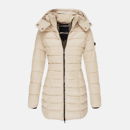 Women’s Puffer Coat - Slim Fit - Mid-Length - Hooded - Ribbed Cuffs