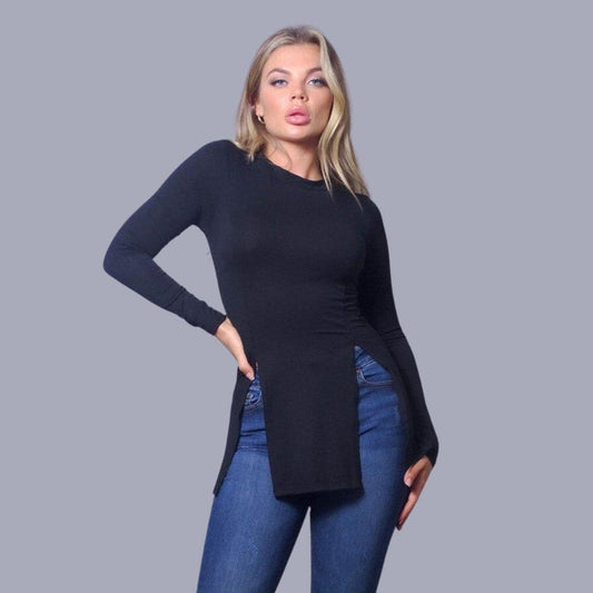 Dame Bluse - Langærmet Slim Fit - Rund Hals - Asymmetrisk Kant - Strækbart Materiale