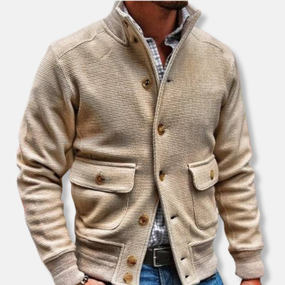Men's Jacket – Slim Fit – Ribbed Texture – High Collar – Button Closure – Flap Pockets