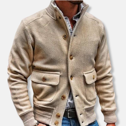 Men's Jacket – Slim Fit – Ribbed Texture – High Collar – Button Closure – Flap Pockets