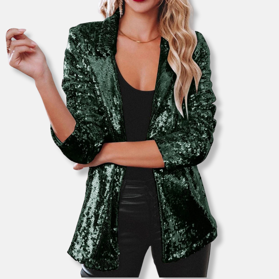 Olivia Sequin-Embellished Collared Blazer | Relaxed Fit Hip-Length Blazer