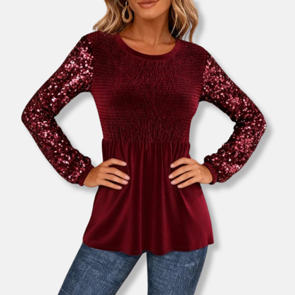 Amelia Peplum Top | Smocked Bodice Sequin Sleeves Peplum Top
