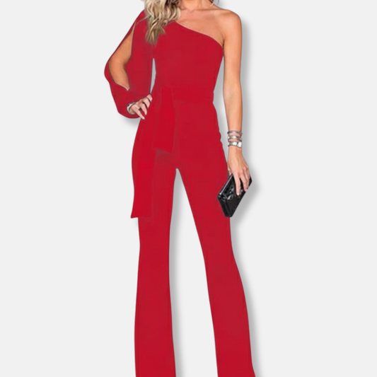 Women's Jumpsuit – One Shoulder – Slim Fit – Belted Waist – Flared Leg