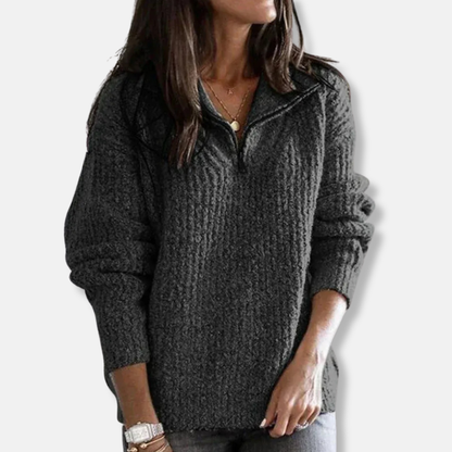 Women's Sweater with Half-Zip – Relaxed Fit – Chunky Knit – Soft Wool Texture