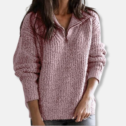 Isla Ribbed Half-Zip Collar Sweater | Solid Relaxed Fit Sweater