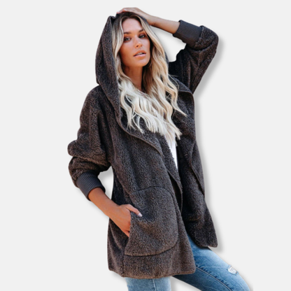 Women's Cardigan with Hood – Soft Sherpa Fleece – Oversized Fit – Open Design with Pockets
