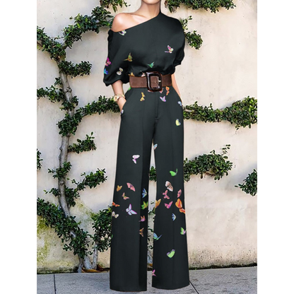 Dame Jumpsuit – Én Skulder – Sommerfugl Mønster – Løs Pasform – Bælte i Taljen