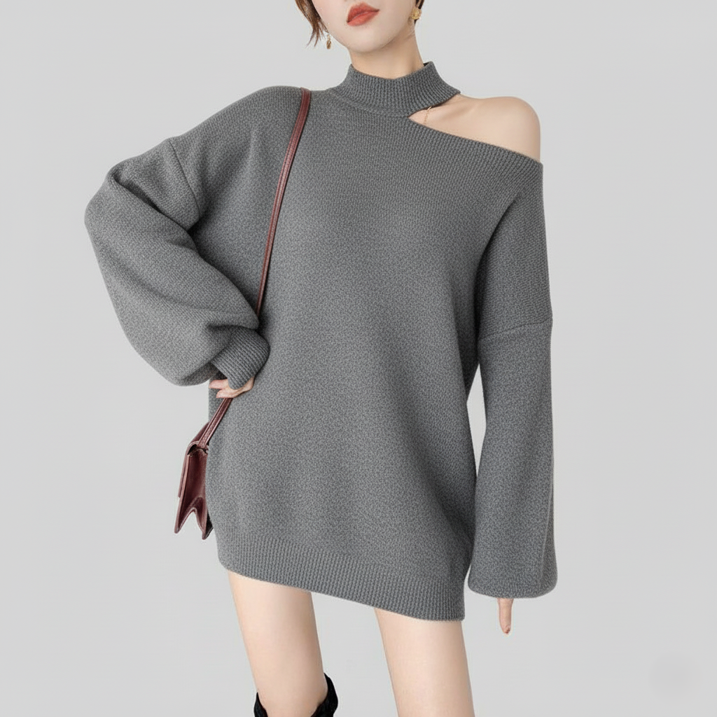Women's Sweater - One Shoulder Oversized Pullover - Choker Neck