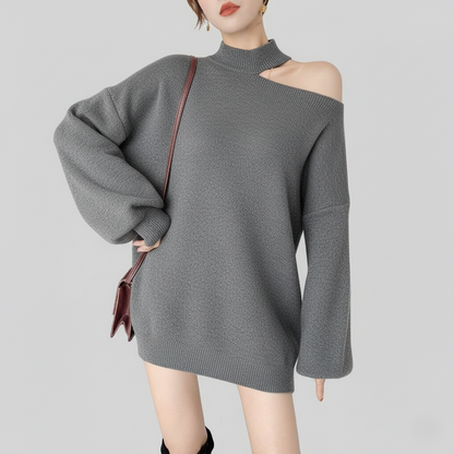 Women's Sweater - One Shoulder Oversized Pullover - Choker Neck
