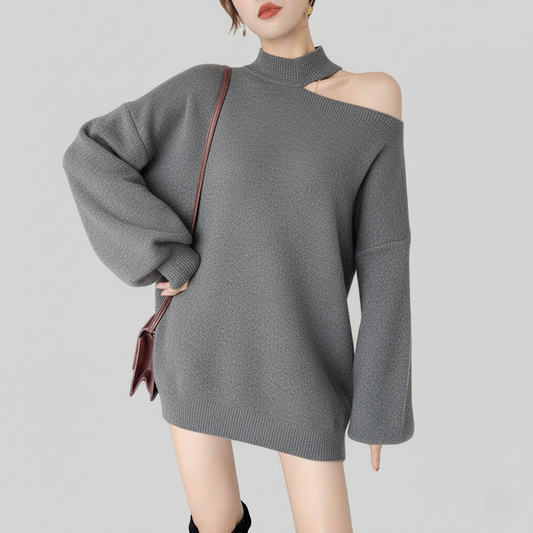 Women's Sweater - One Shoulder Oversized Pullover - Choker Neck