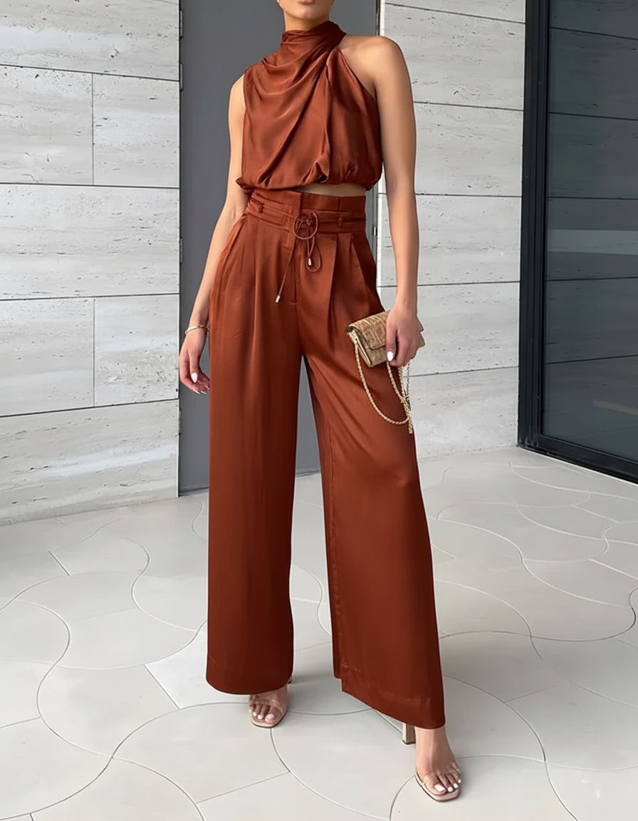 Women's Two-piece Jumpsuit - High-neck Satin Halter Top - High-waisted Wide Pants
