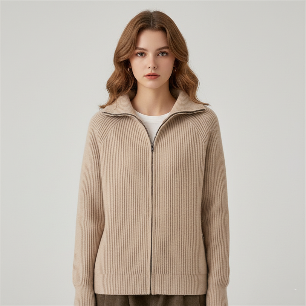 Women's Cardigan – Slim Fit – Ribbed Knit – High Collar – Zipper Closure