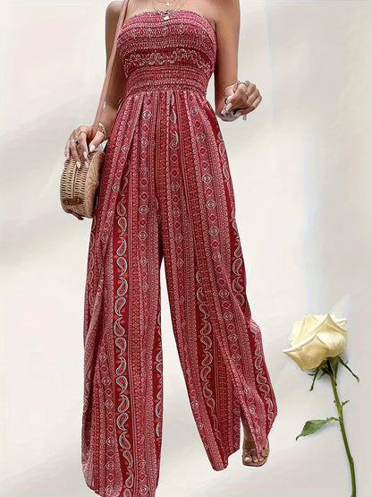 Women's Jumpsuit - Strapless Smock Top - Wide Legs - Bohemian Pattern
