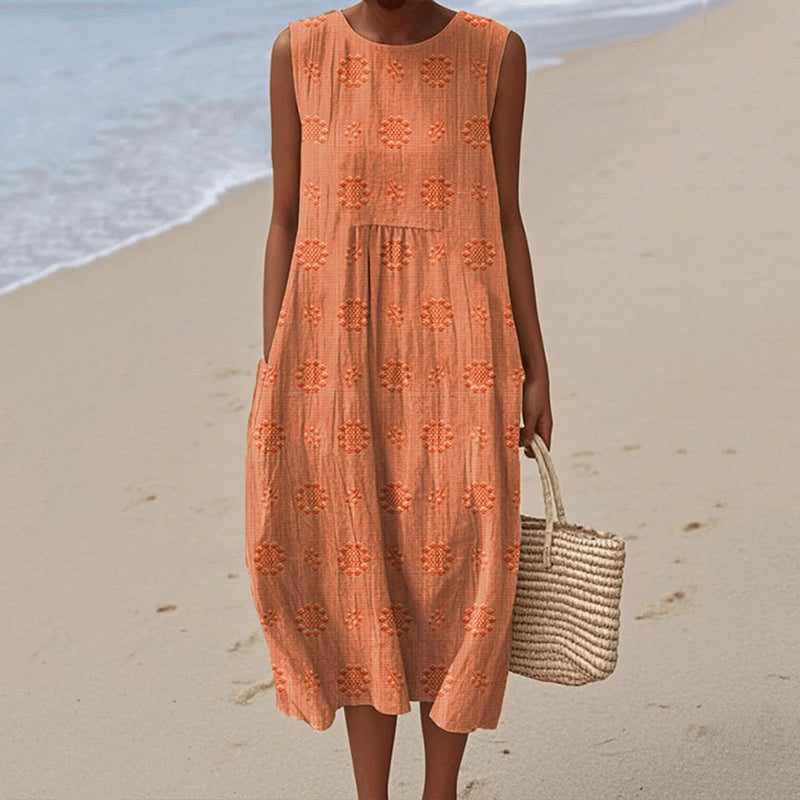 Dress for Women – Sleeveless Midi – Loose Fit – Natural Fibers – Floral Print