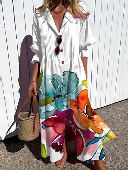 Women's Maxi Dress – Relaxed Fit – Lightweight and Breathable – Buttons – Leaf Print