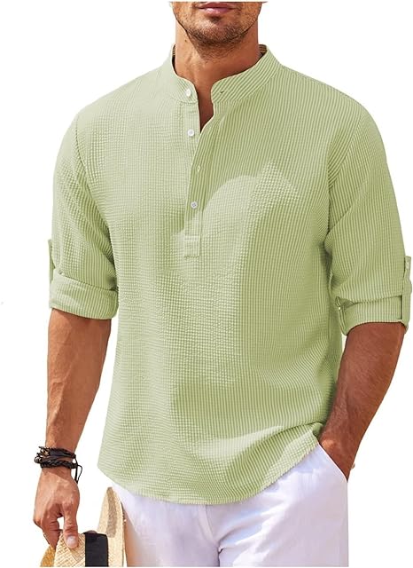 Men's Shirt – Relaxed Fit – Natural Fibres – Band Collar – Rolled Sleeves