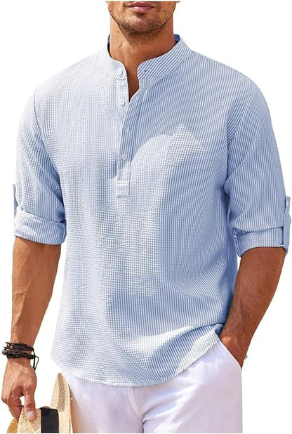 Men's Shirt – Relaxed Fit – Band Collar – Light Cotton – Button Closure